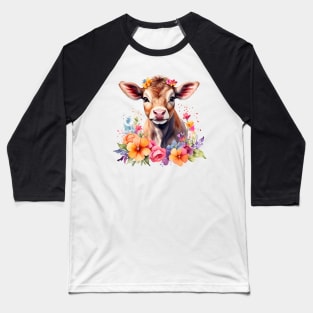 A cow decorated with beautiful watercolor flowers Baseball T-Shirt